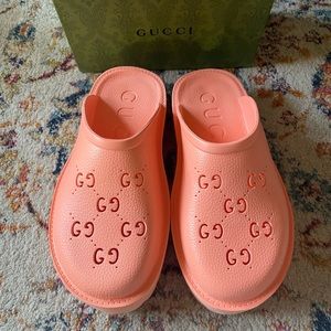 Peach Gucci Platform Perforated G Sandals